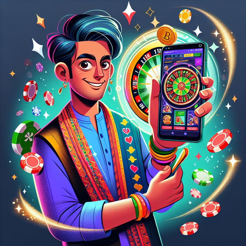 Taka8888 themed cartoon character holding a smartphone with coins and app icons