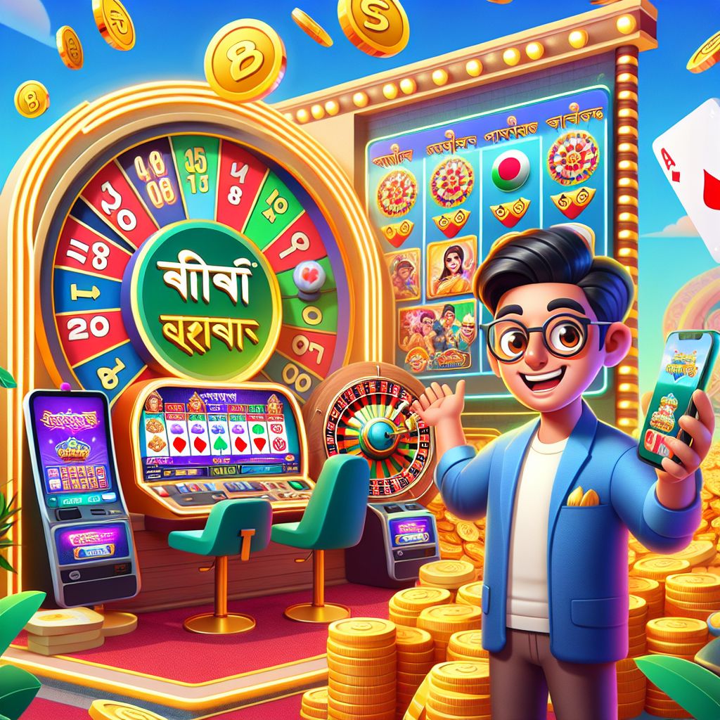 Taka8888 casino cartoon characters with slot reels, roulette wheel, and coins