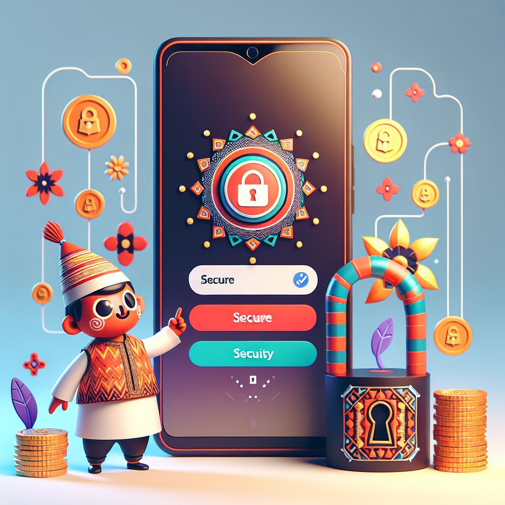 Taka8888 themed cartoon character signing in on a smartphone with a secure shield and coins