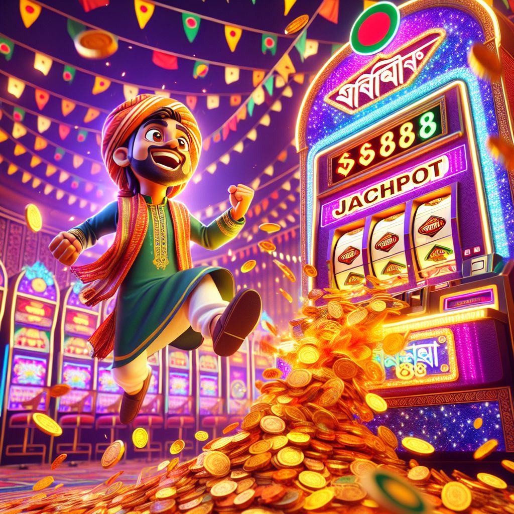 Taka8888 themed cartoon character spinning a slot machine with coins and jackpot lights